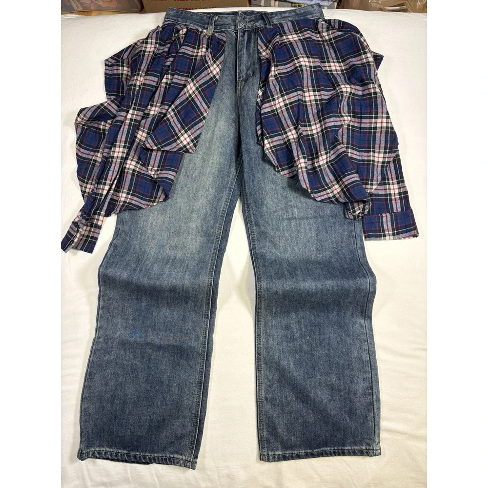 Aelfric Eden Plaid Flannel Tied Denim Jeans Mens Size 30 Baggy Skater Grunge Y2K